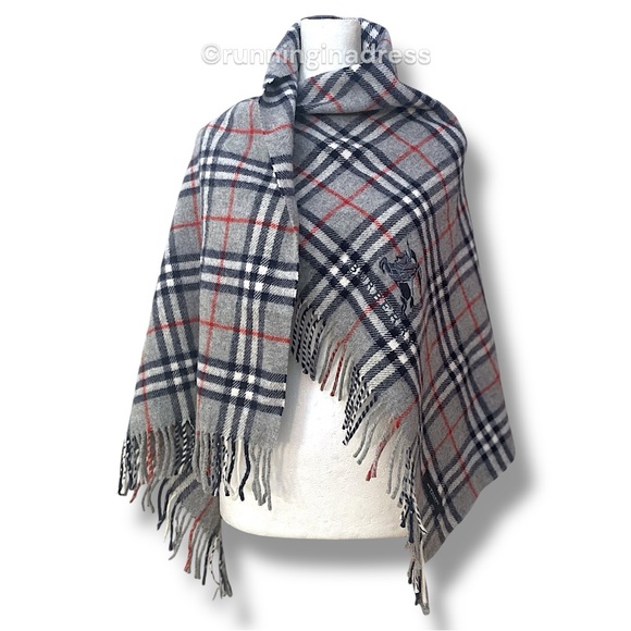 Vintage Burberry Nova Check Blanket Scarf Equestrian Knight Logo Grey Navy Blue - Picture 8 of 15